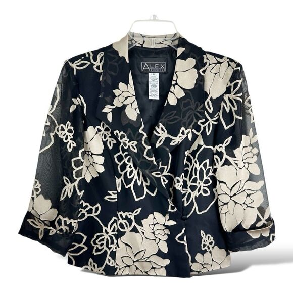 Alex Evenings Lined Blouse/Blazer 3/4 Sheer Sleeve Black/Taupe Floral Y2K Vibe M - Picture 4 of 12